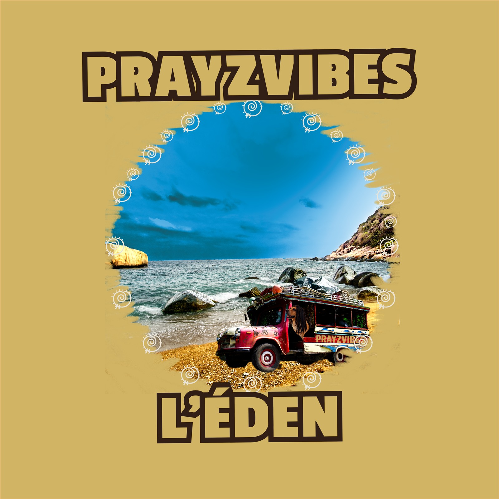 Pochette du prochain EP L’ÉDEN de PRAYZVIBES : un van rouge au bord d’une côte ensoleillée