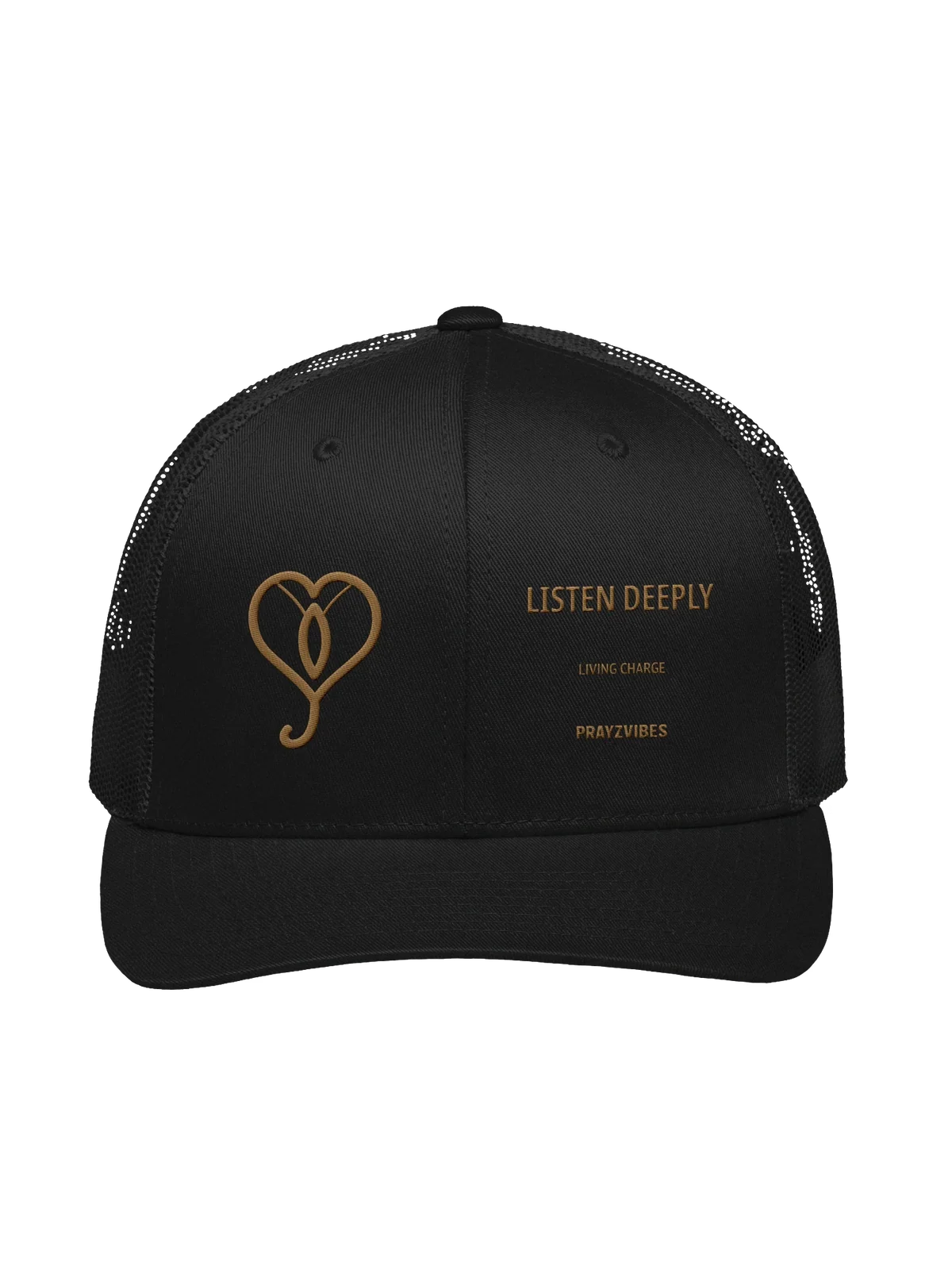 Black Living Charge trucker cap with the gold LISTEN DEEPLY artwork