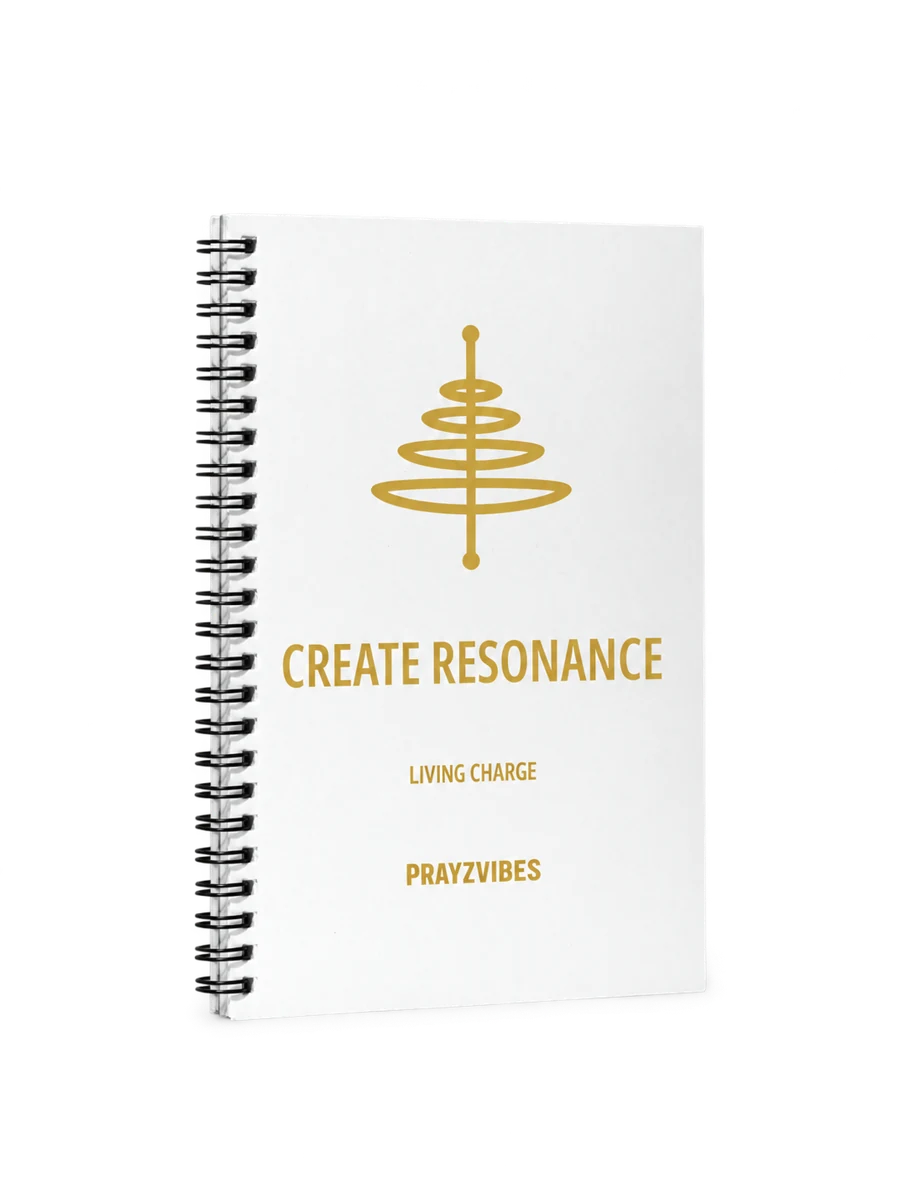 White Living Charge spiral notebook with the gold CREATE RESONANCE artwork
