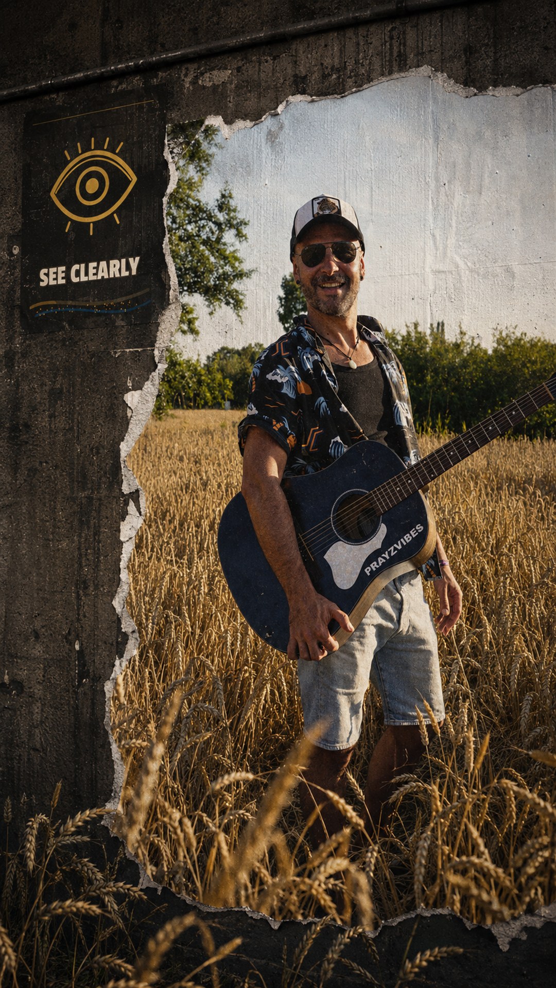 PRAYZ smiling with a black acoustic guitar in a wheat field