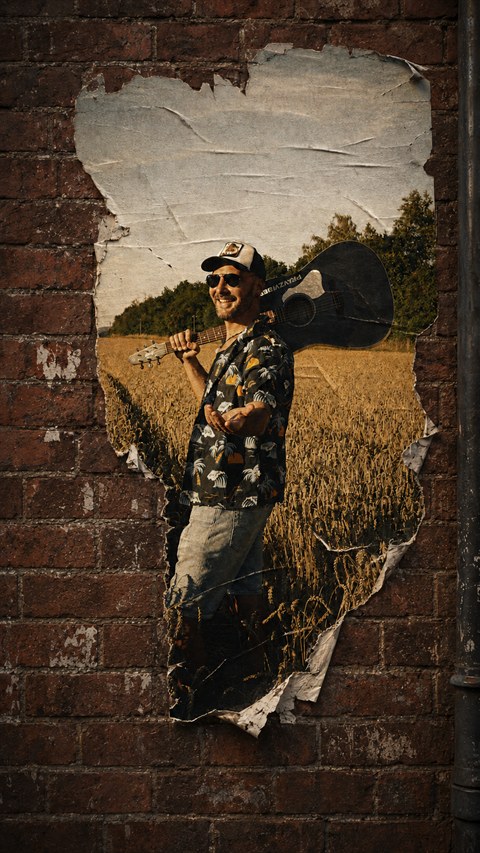 PRAYZ smiling in a field with a black acoustic guitar over one shoulder